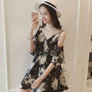 Elbow-sleeve Cold Shoulder Floral Chiffon A-line Mini Dress