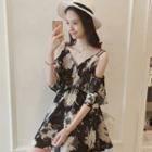 Elbow-sleeve Cold Shoulder Floral Chiffon A-line Mini Dress