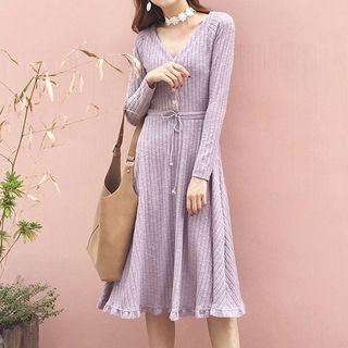 Buttoned Long Sleeve Midi Knit Dress