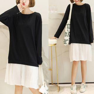 Mock Two Piece Pleated Hem Long Sleeve Dress