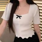 Short-sleeve Scallop Trim Bow Detail Knit Top White - One Size