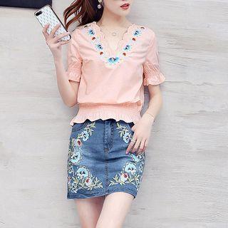 Set: Flower Embroidered Short Sleeve Top + A-line Denim Skirt