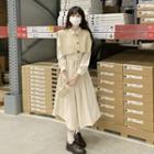 Set: Puff-sleeve Drawstring Midi A-line Dress + Knit Shawl