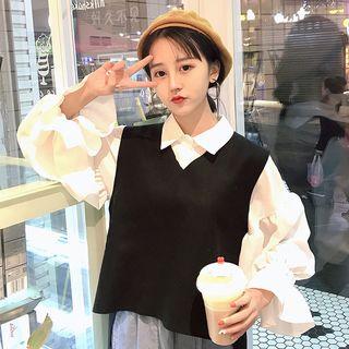 Set: Chiffon Blouse + V-neck Knit Vest