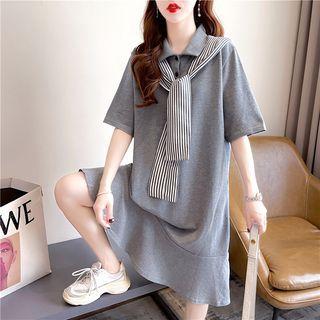 Striped Panel Midi A-line Polo Dress