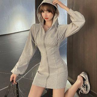 Hood Long-sleeve Zip Sheath Dress