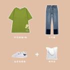 Lemon Print Elbow-sleeve T-shirt / Straight-cut Jeans