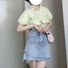 Puff-sleeve Ruffled Shirt / Denim Mini Pencil Skirt