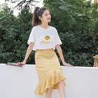 Set: Short-sleeve Embroidered T-shirt + Ruffled Gingham Midi Skirt