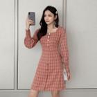 Long-sleeve Button-front Check Dress