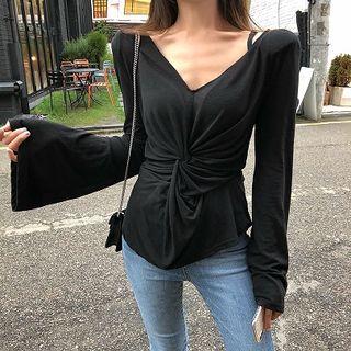 Long-sleeve Knot Front Top Black - One Size