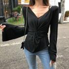 Long-sleeve Knot Front Top Black - One Size