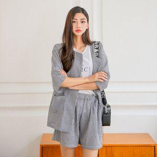 Set: Open-front Gingham Jacket + Banded-waist Shorts