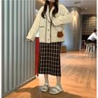 Embroidered Trim Faux Shearling Buttoned Jacket / Plaid Midi A-line Skirt