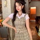 Short-sleeve Plain T-shirt / Plaid Ruffle Trim Button-up Camisole Top / Pleated A-line Skirt