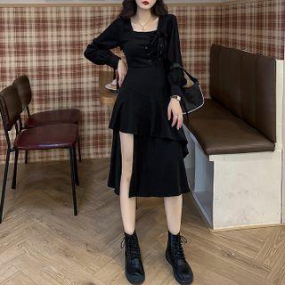 Asymmetrical Puff-sleeve Lace-up A-line Dress