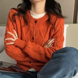Long-sleeve Plain Cable Knit Cardigan Tangerine - One Size