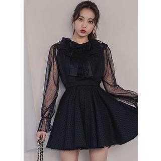 Halter-suspender Tulle-overlay Flare Dress