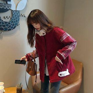 Plaid Panel Button Jacket Wine Red - One Size