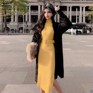 Open Front Long Cardigan / Long-sleeve Midi Knit Dress / Set