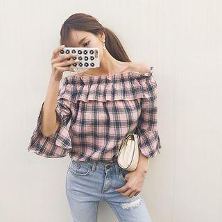 Off-shoulder Frilled Plaid Top