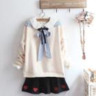 Ribbon Sweatshirt / Long-sleeve Lace Paneled Shirt / Embroidered Heart A-line Mini Skirt / Set