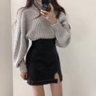 Turtleneck Sweater / Mini Faux Leather A-line Skirt