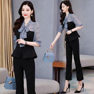 Set: Balloon-sleeve Print Panel Blouse + Boot-cut Pants
