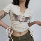 Short-sleeve Graphic Print Drawstring Crop Top