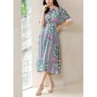 Satin-collar Patterned Pleated Long Shirtdress With Belt