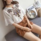 Tie Neck Embroidery Chiffon Top