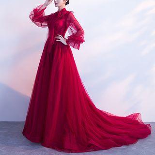 Bow Accent Open Back Long-sleeve Evening Gown