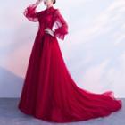 Bow Accent Open Back Long-sleeve Evening Gown