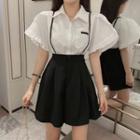 Short-sleeve Ruffle Shirt / Mini A-line Suspender Skirt Set Of 2 - Shirt - White - One Size / Skirt - Black - One Size