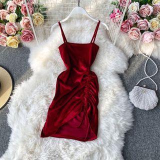 Drawstring Velvet Spaghetti-strap Mini Dress