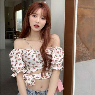 Puff-sleeve Off-shoulder Floral Print Tie-waist Crop Top Red Floral - White - One Size
