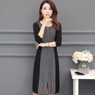 Glitter Panel Long-sleeve Midi A-line Dress