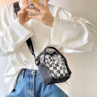 Checkered Pvc Panel Bucket Bag / Pouch / Bag Charm / Set