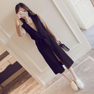Set: Long-sleeve T-shirt Dress + Tie-waist Midi Jumper Dress