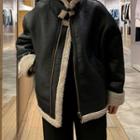Fleece Trim Biker Jacket Black - One Size