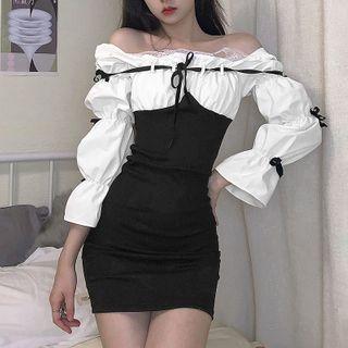 Long-sleeve Off-shoulder Frill Trim Mini Bodycon Dress