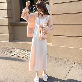 Set: Long-sleeve Drawstring Plain Cardigan + Spaghetti-strap Plain Knit Long Dress