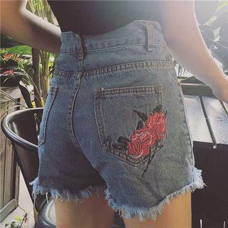 Frayed Hem Embroidered Denim Shorts