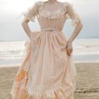 Short-sleeve Ruffled Mesh Lace Trim Midi A-line Dress