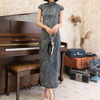 Short-sleeve Leaf Print Maxi Qipao
