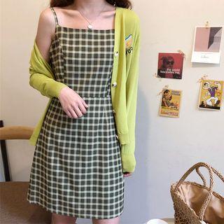 Plaid Strappy A-line Dress / Cardigan