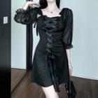 Adjustable Puff-sleeve Lace-up A-line Dress