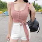 Sleeveless Buttoned Ribbon Cropped Top