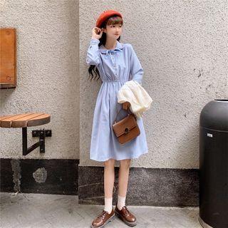 Collared Long-sleeve A-line Dress / Cable-knit Vest