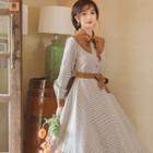 Long-sleeve Floral Embroidered Plaid Midi A-line Dress